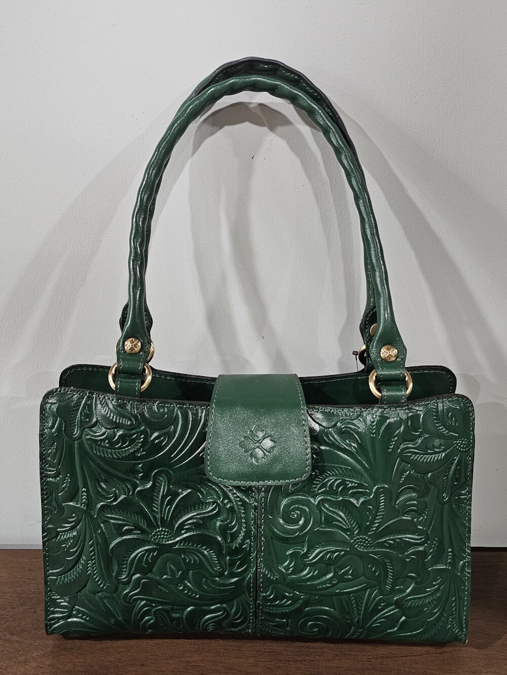 Patricia Nash Green Floral Embossed Satchel with Double Handles, Zip Closure